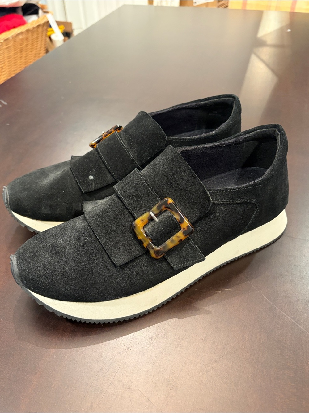 Pelle Moda Black Suede Slip-On Loafers with Tortoiseshell Buckle
